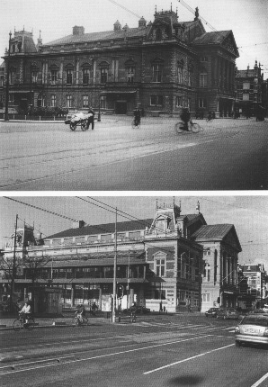 Здание Concertgebouw до реставрации (вверху) и после реставрации с новым крылом (внизу)